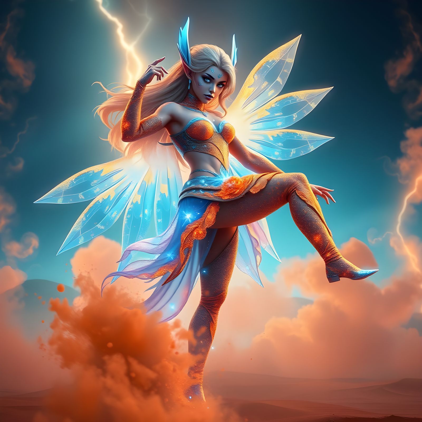 Majestic Desert Warrior Goddess in Vibrant Blue and Orange