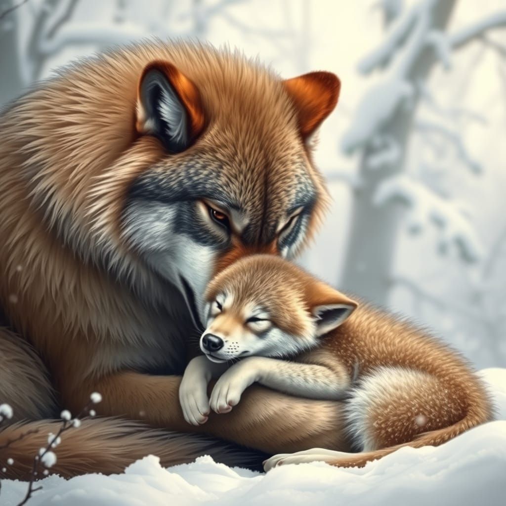 Mother Wolf Nuzzles Her Pup in a Snowy Wonderland