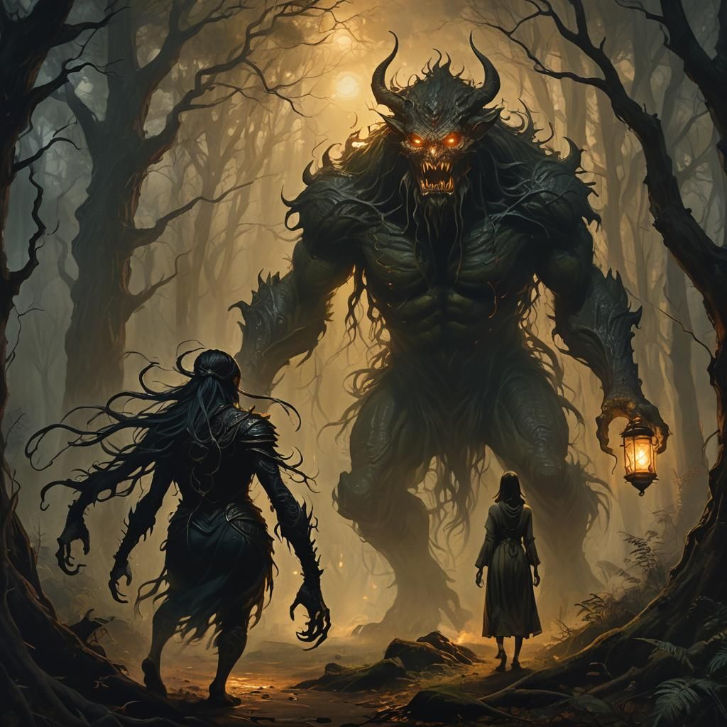 Gothic Lamiae Monster Approaches Pregnant Woman in Ancient F...