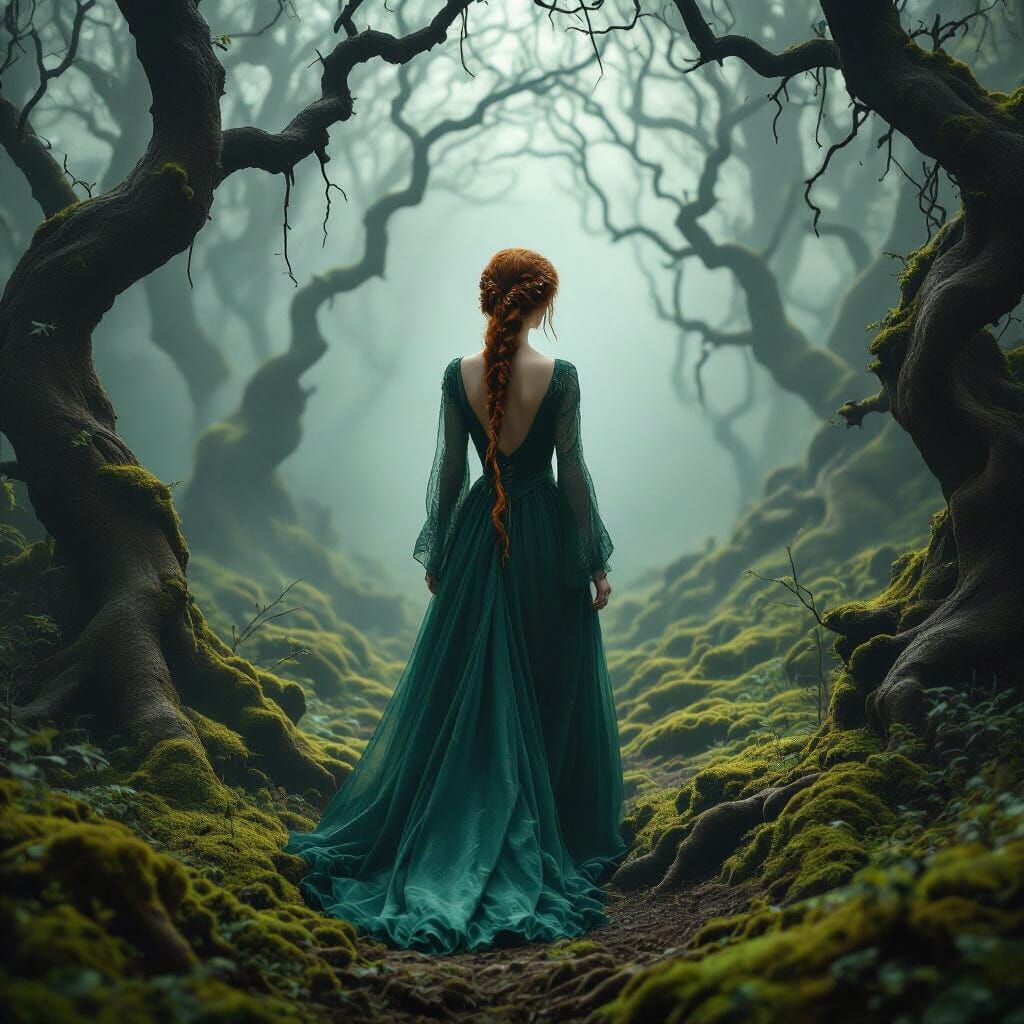 Mysterious Woman in Emerald Gown in Misty Forest