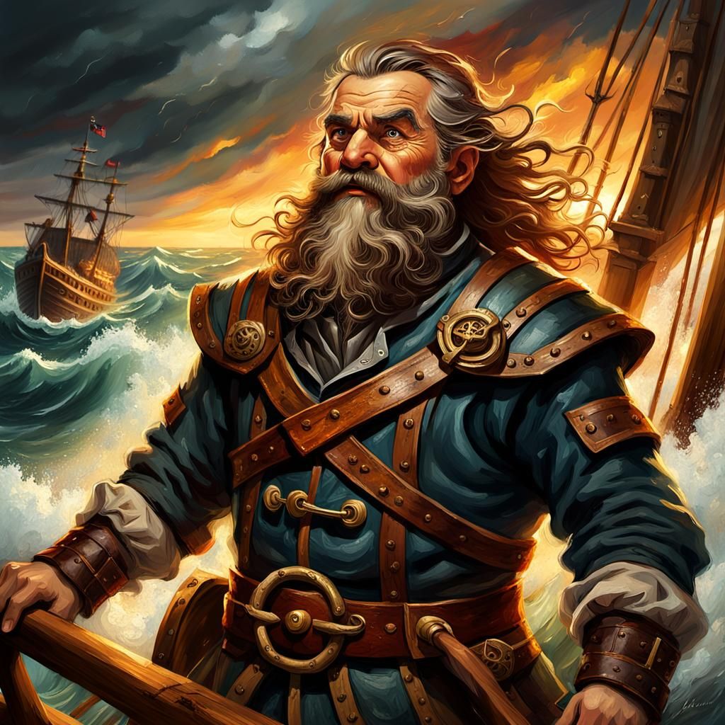 Dwarf Sailor in Stormy Seas, a Cinematic Oil Painting