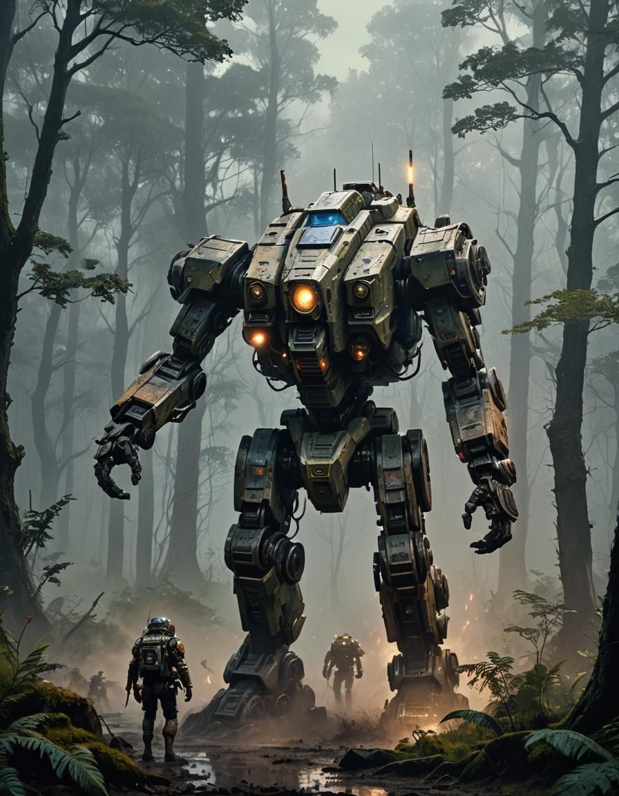 30m tall battlemech patrolling through a muddy forest on an alien world.