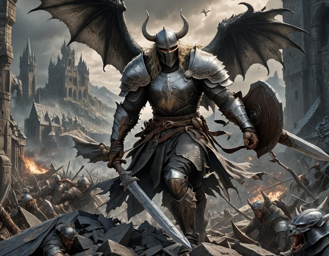 Winged Viking Knight in Apocalyptic Landscape