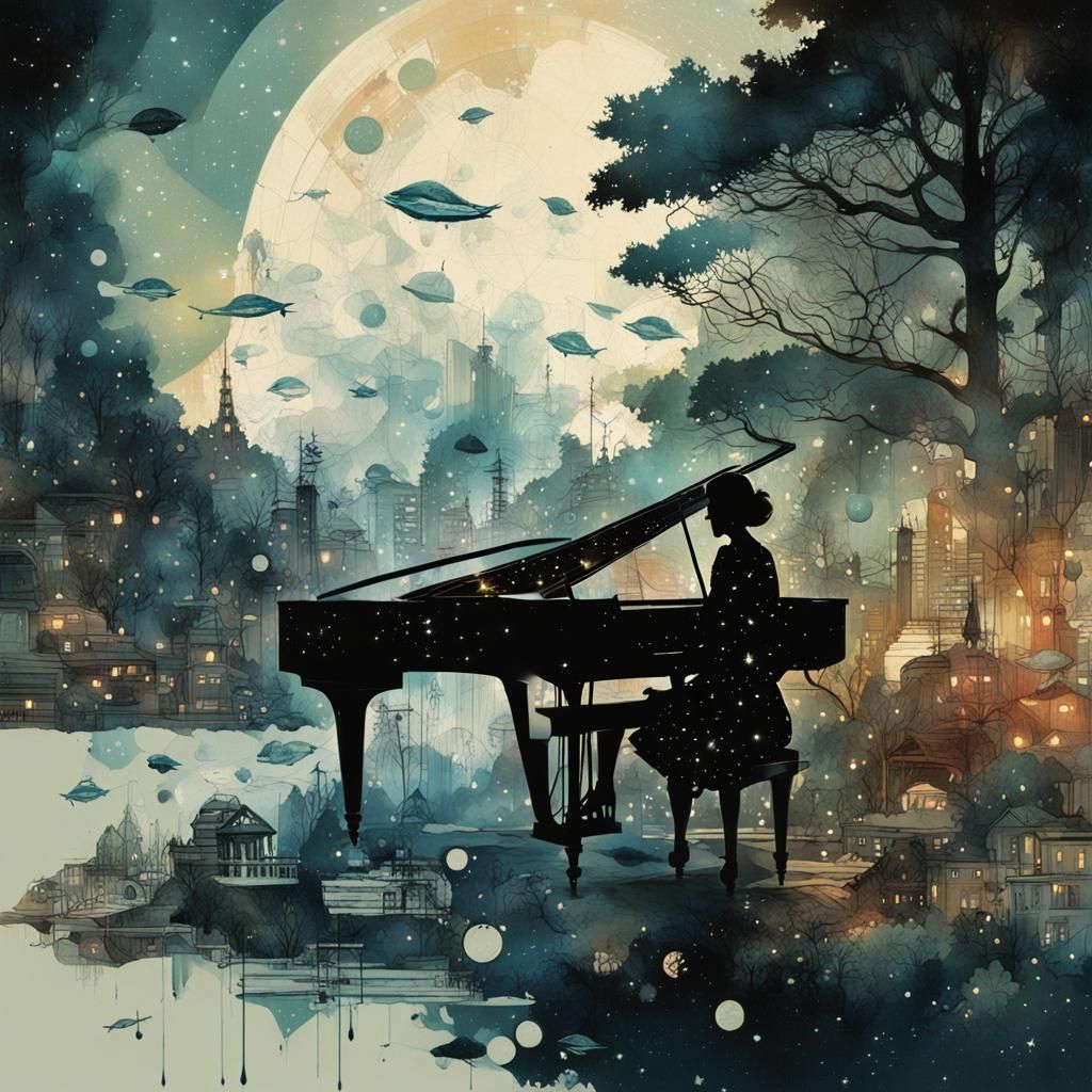 Galaxy World Meets Piano Player: Double Exposure Art