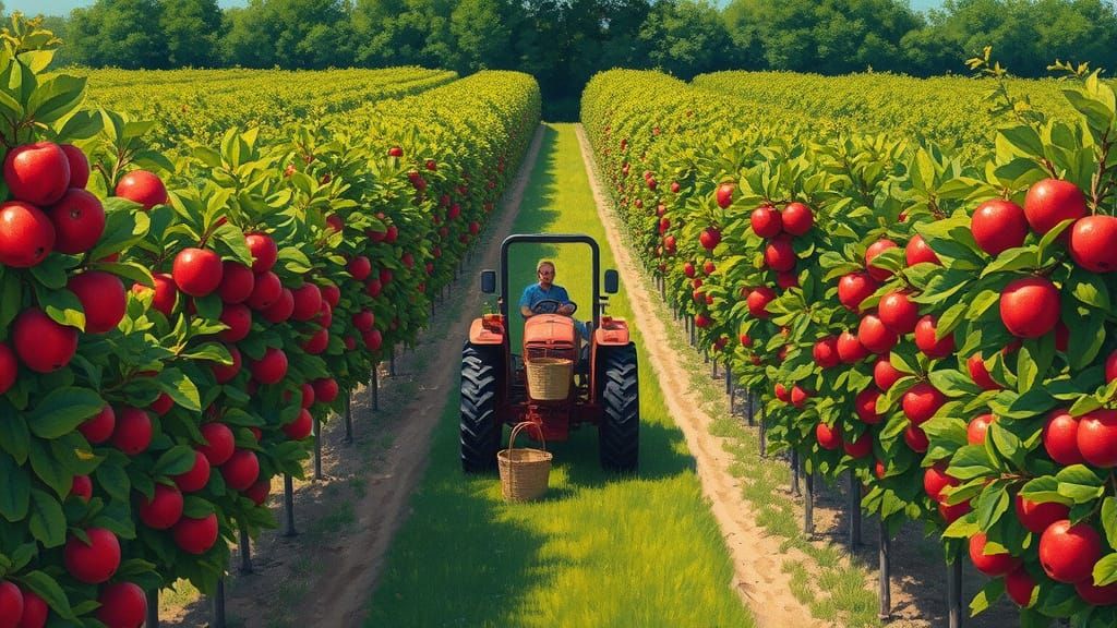 Vibrant Orchard Scene in Gouache Style