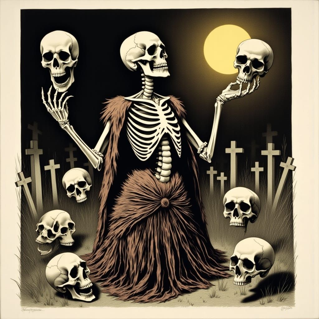 Edward Gorey-Inspired Aquatint Etch of a Graveyard Juggler