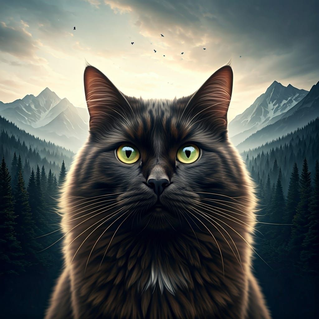 Dreamy Black Cat Double Exposure in Volumetric Style