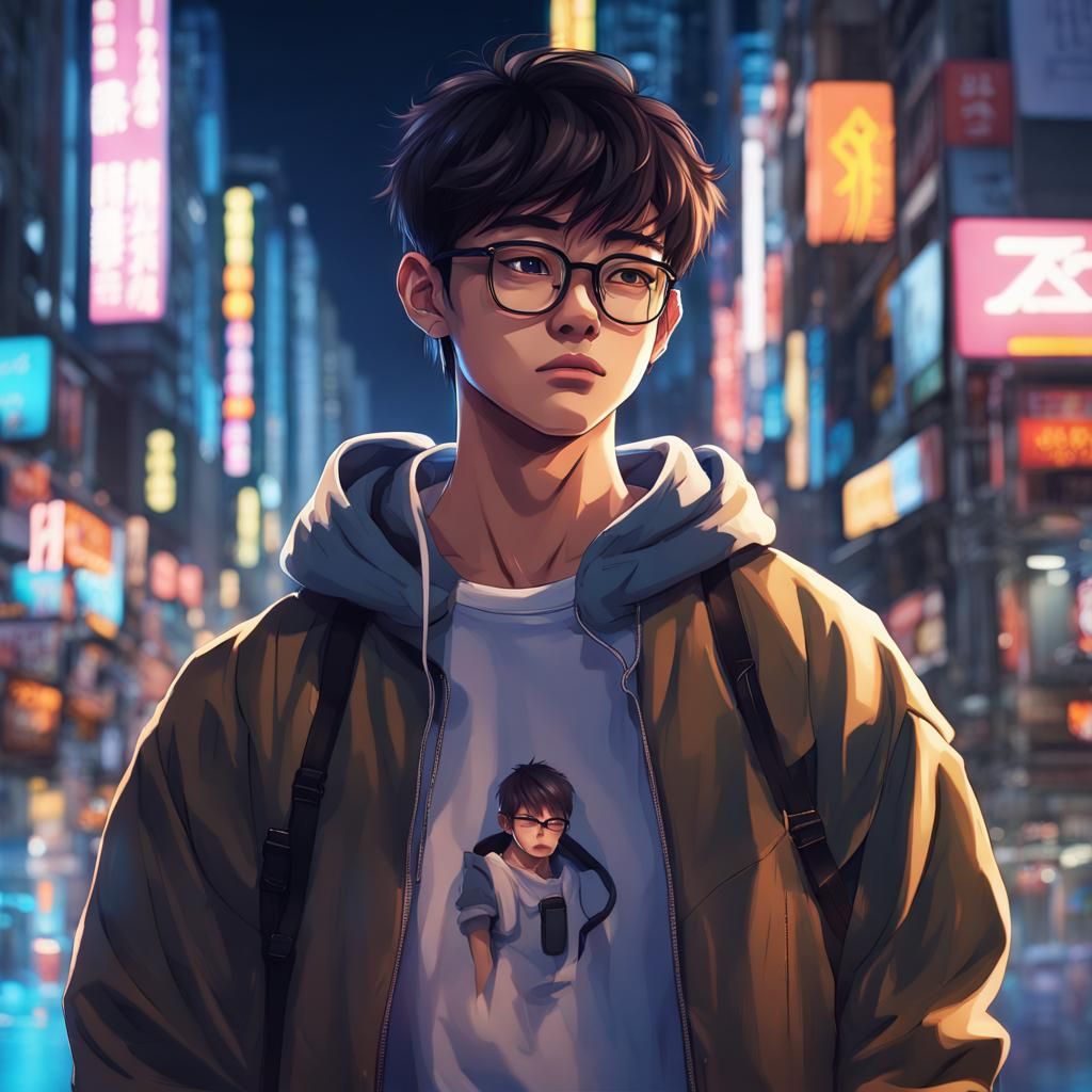 Asian twink cute boy, stunning eyesight, muscular , adorable, round frame glasses, walking in Japan night city-street , ...