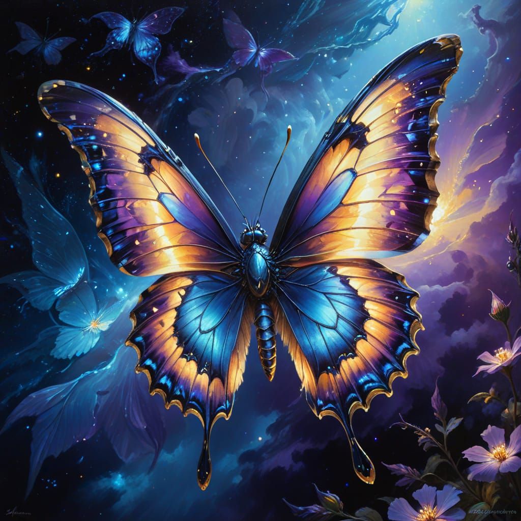 Silver Butterfly in Flight: Fantasy Oil Painting