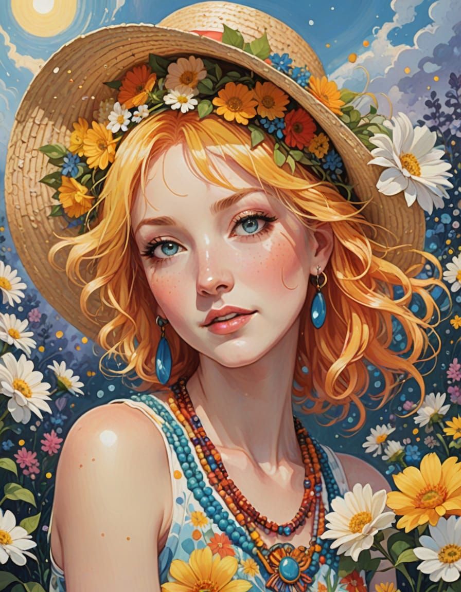 A vibrant woman with bright yellow and orange hair and piercing blue eyes stands confidently, adorned in multiple colorf...