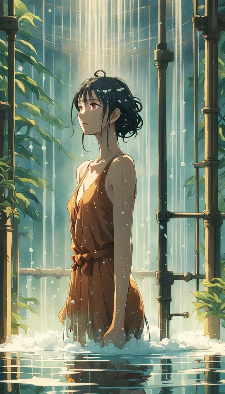 Anime Girl in Shower, Ghibli Style
