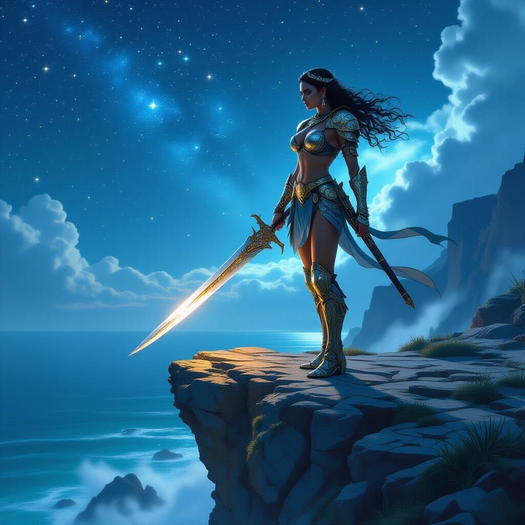 Warrior Princess on Windswept Cliff, Hyperrealistic Art