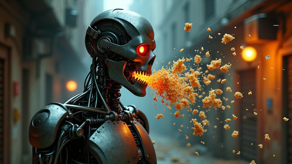 Cybernetic Terminator T800 in Gritty Urban Alleyway