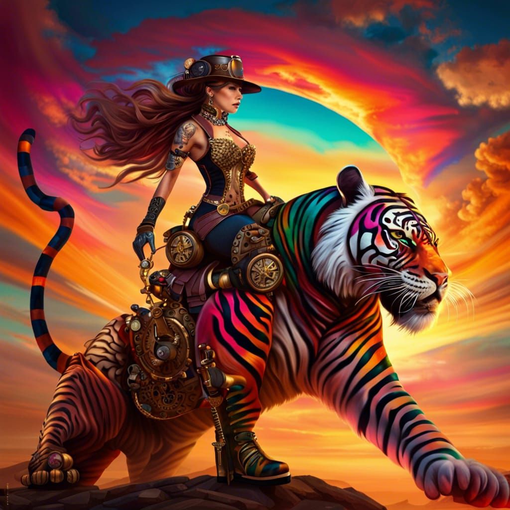 Steampunk Warrior Rides a Tiger at Sunset