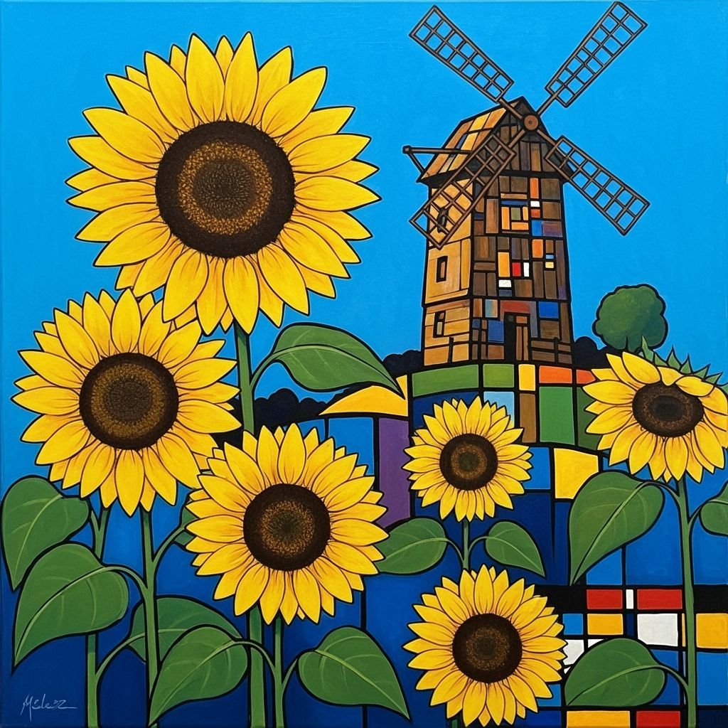 Abstract Sunflowers and Windmill in Bold Colors