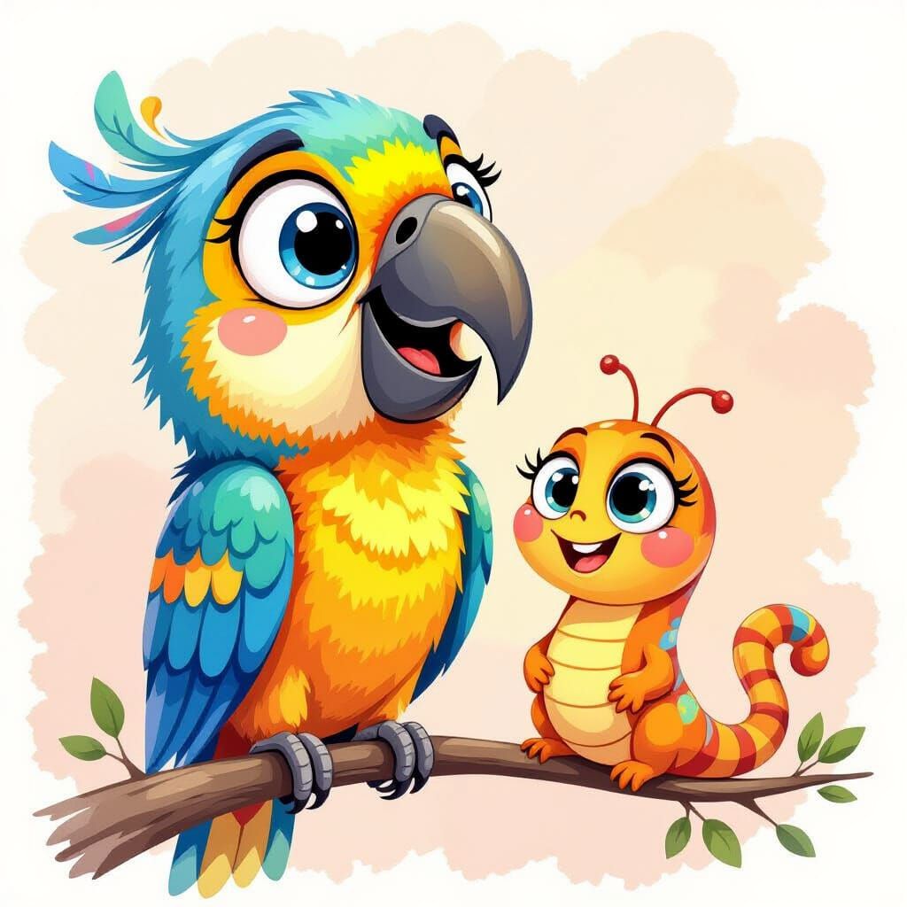 Cartoon Parrot with Worm in Watercolor Style