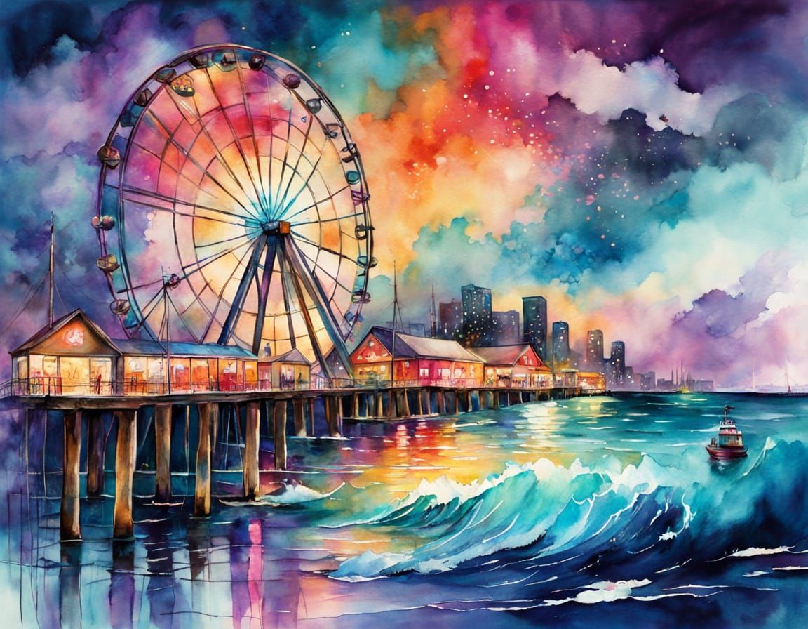 Watercolor Boardwalk Scene with Ferris Wheel