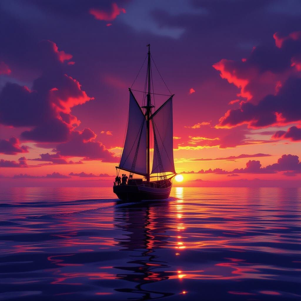 Sailing Ship at Sunset in Turner Style