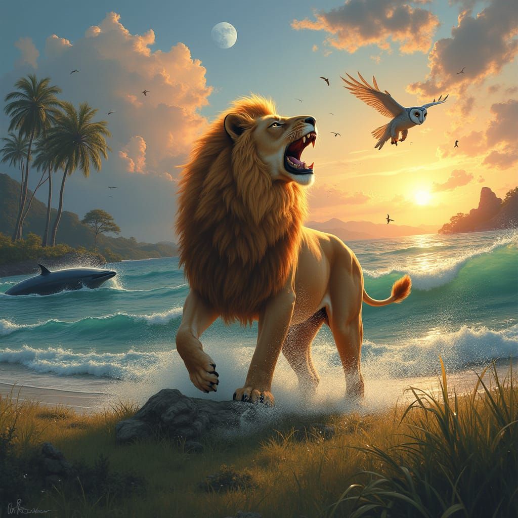 Majestic Lion in Golden Mane Roars at Sunrise in Vibrant Wil...