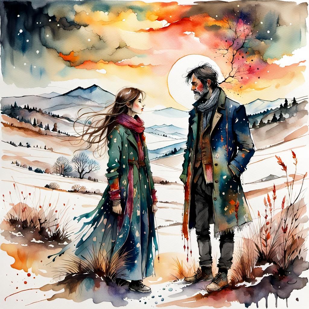 Fairytale Winter Sunset: Watercolor Art Deco Illustration
