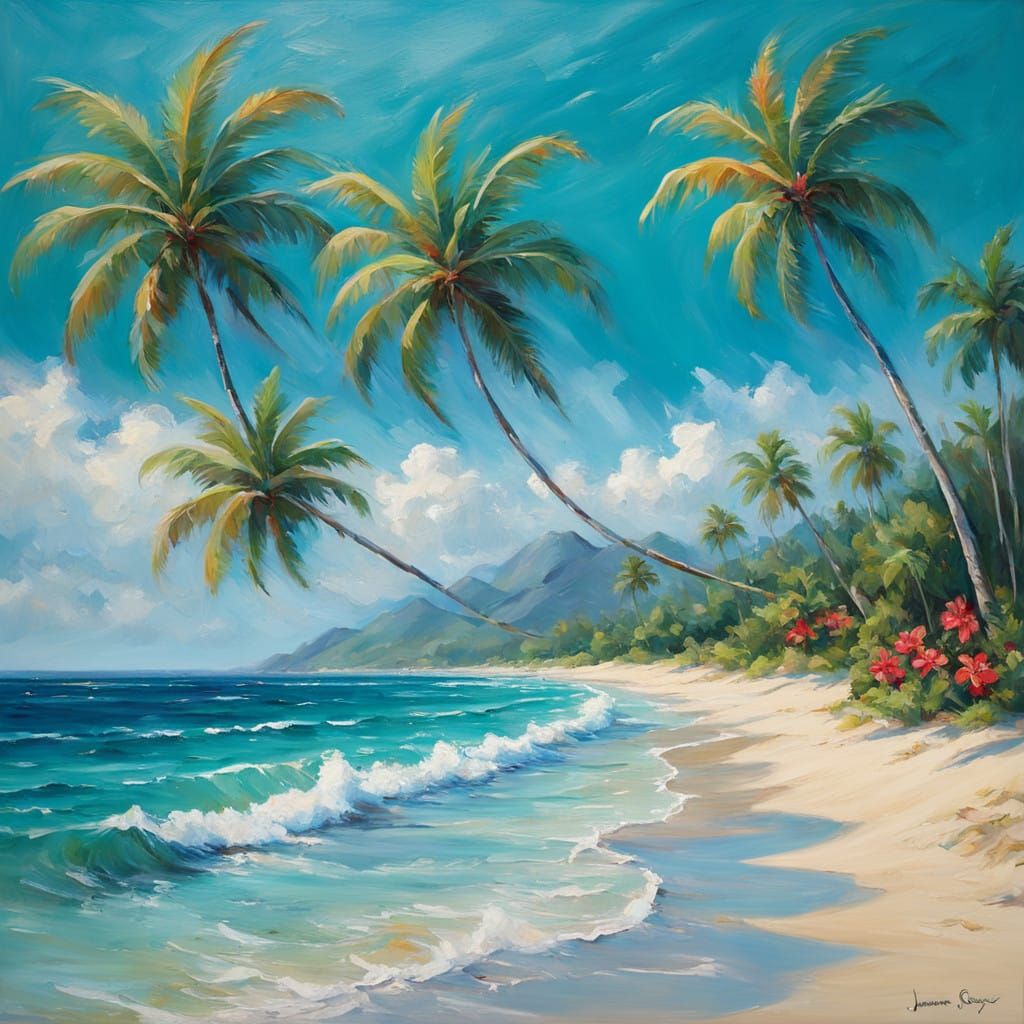 Tropical Island Oasis in Vibrant Oil Painting