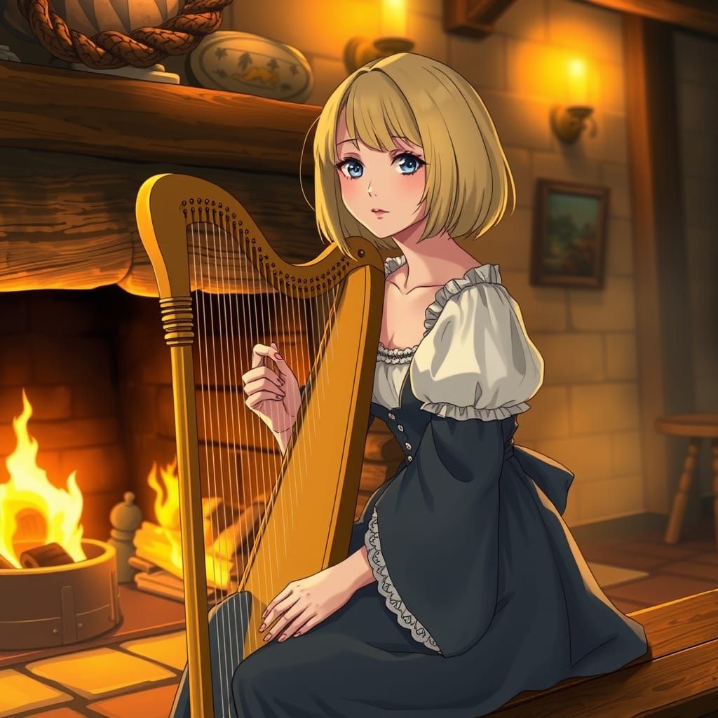 Renaissance Woman with Harp by Tavern Fire