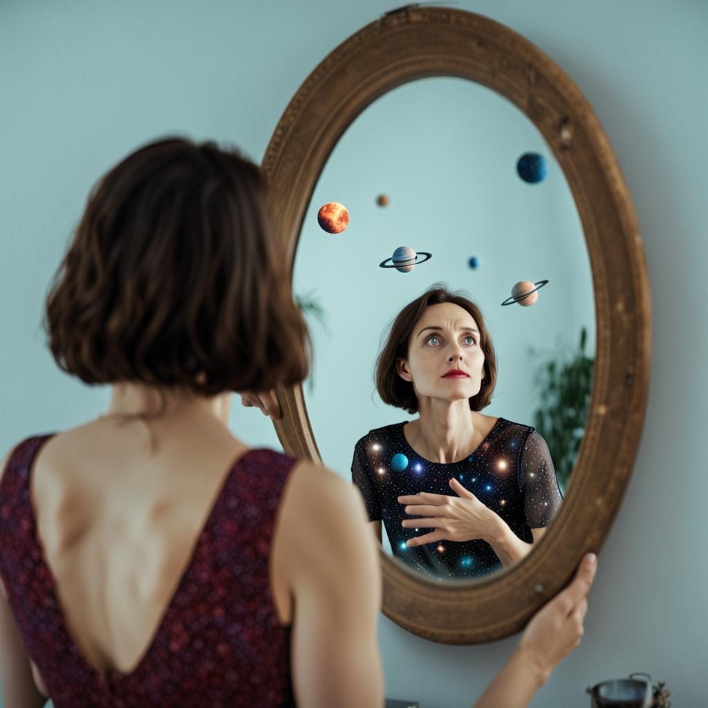 Woman's Space Imagination Reflected in Mirror
