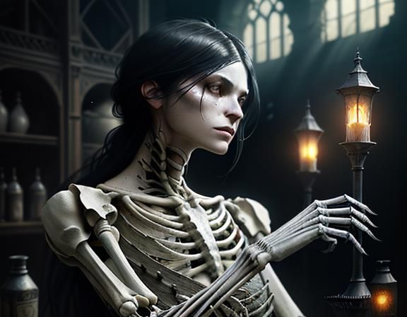 Furry Skeleton Cleaning Bones: Dark Fantasy Concept Art