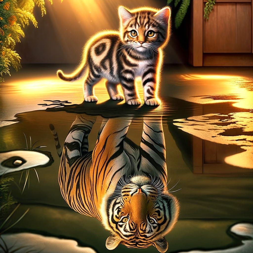 Kitten's Reflection Shows Fierce Tiger in Golden Garden