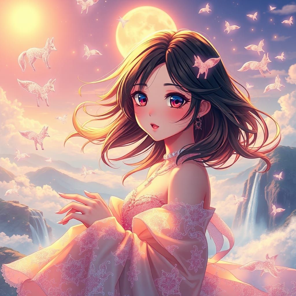 Anime Girl Surrounded by Magical Fox Bubbles