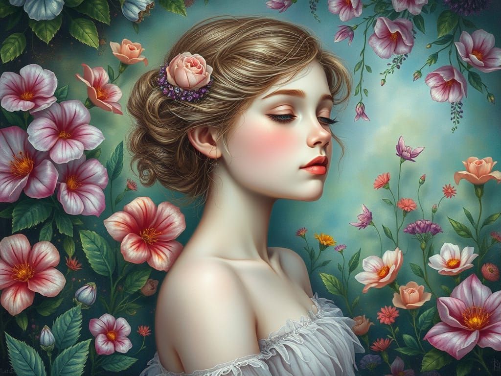 Whimsical Goddess in a Dreamlike Floral Realm