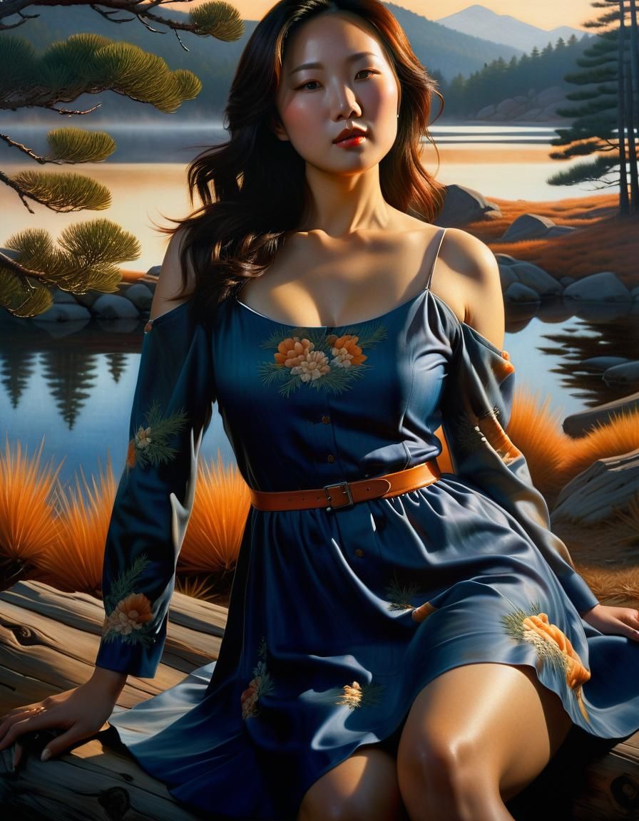 Korean Woman Lounging by Lake: Chiaroscuro Oil Painting