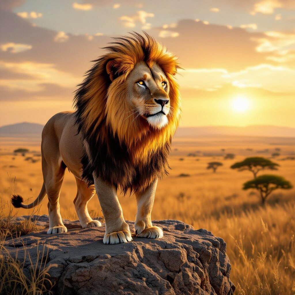 Lion with Flaming Mane Overlooking Golden Savannah