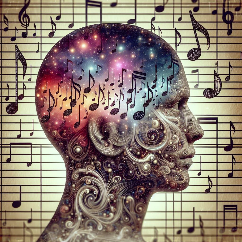 Surreal Head Filled with Floating Musical Notes