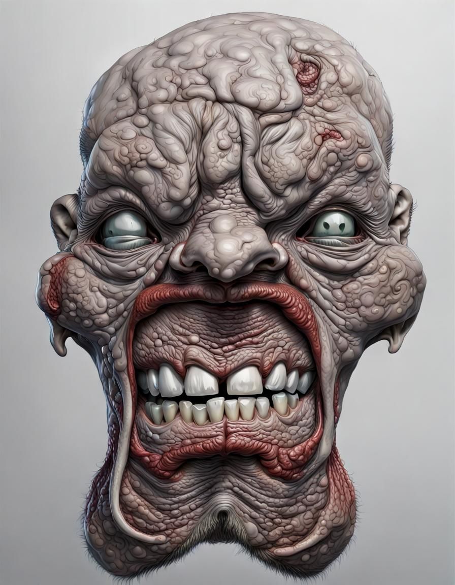 A grotesque pitted face with leering teeth. Photorealistic h...