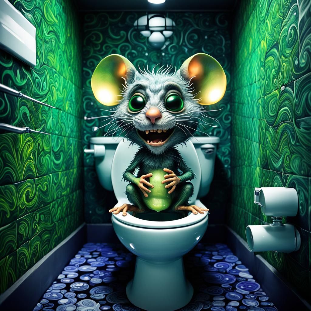 Angry Chibi Mouse on Toilet in Psychedelic Art Style
