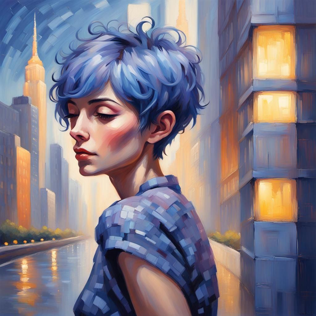 Impressionist Woman with Blue Hair in Cityscape