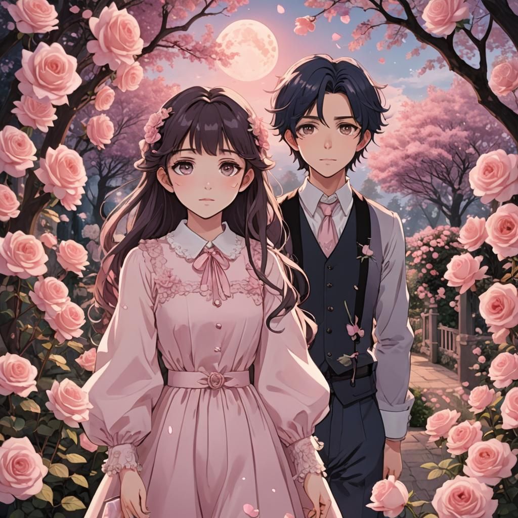 Anime Girl and Boy in Rose Garden at Twilight