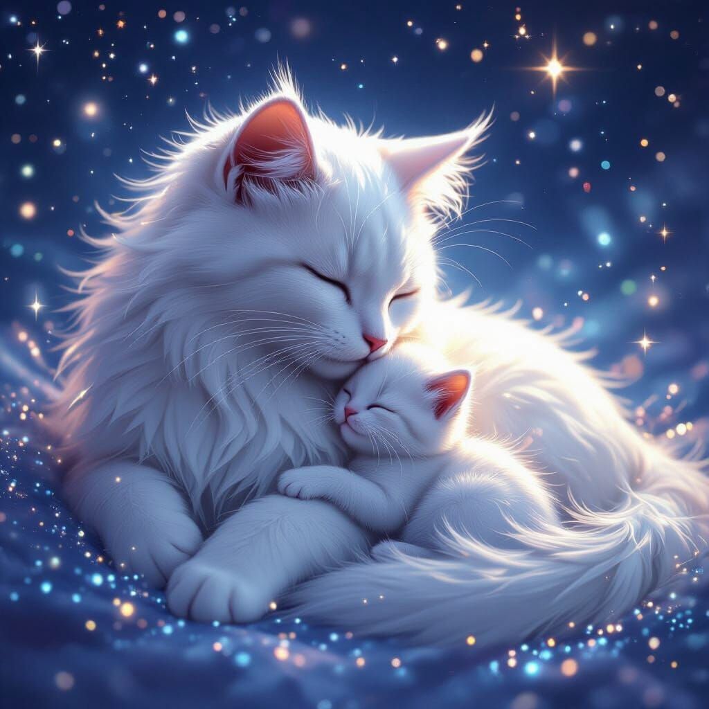 Tender White Cats Cuddle Amidst Cosmic Stars