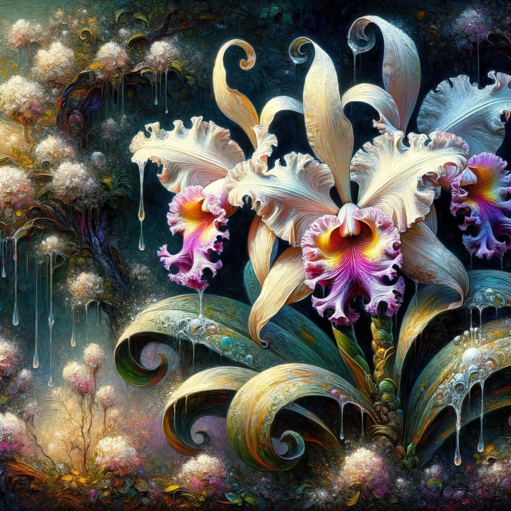 Enchanted Cattleya Orchid Oil Painting with Impasto Texture