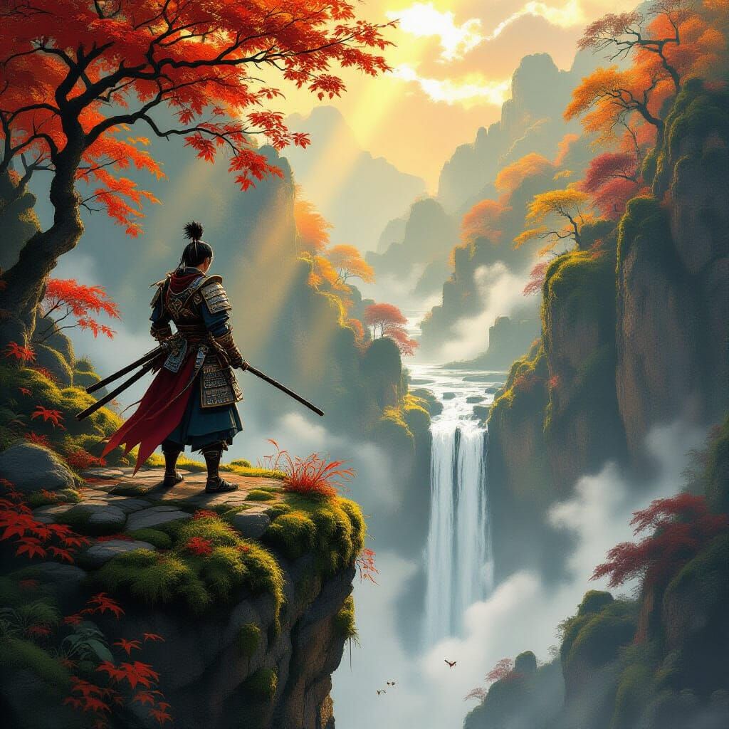 Samurai Warrior Overlooks Autumn Forest Waterfall