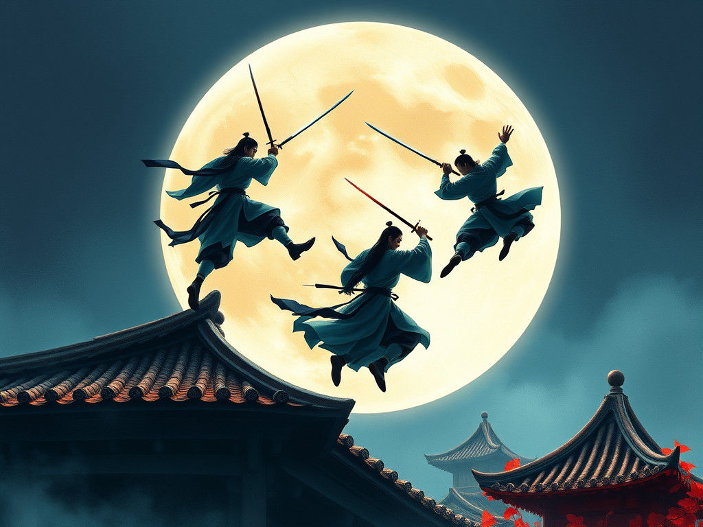 Swordsmen Silhouettes in Lunar Circle: Watercolor Art