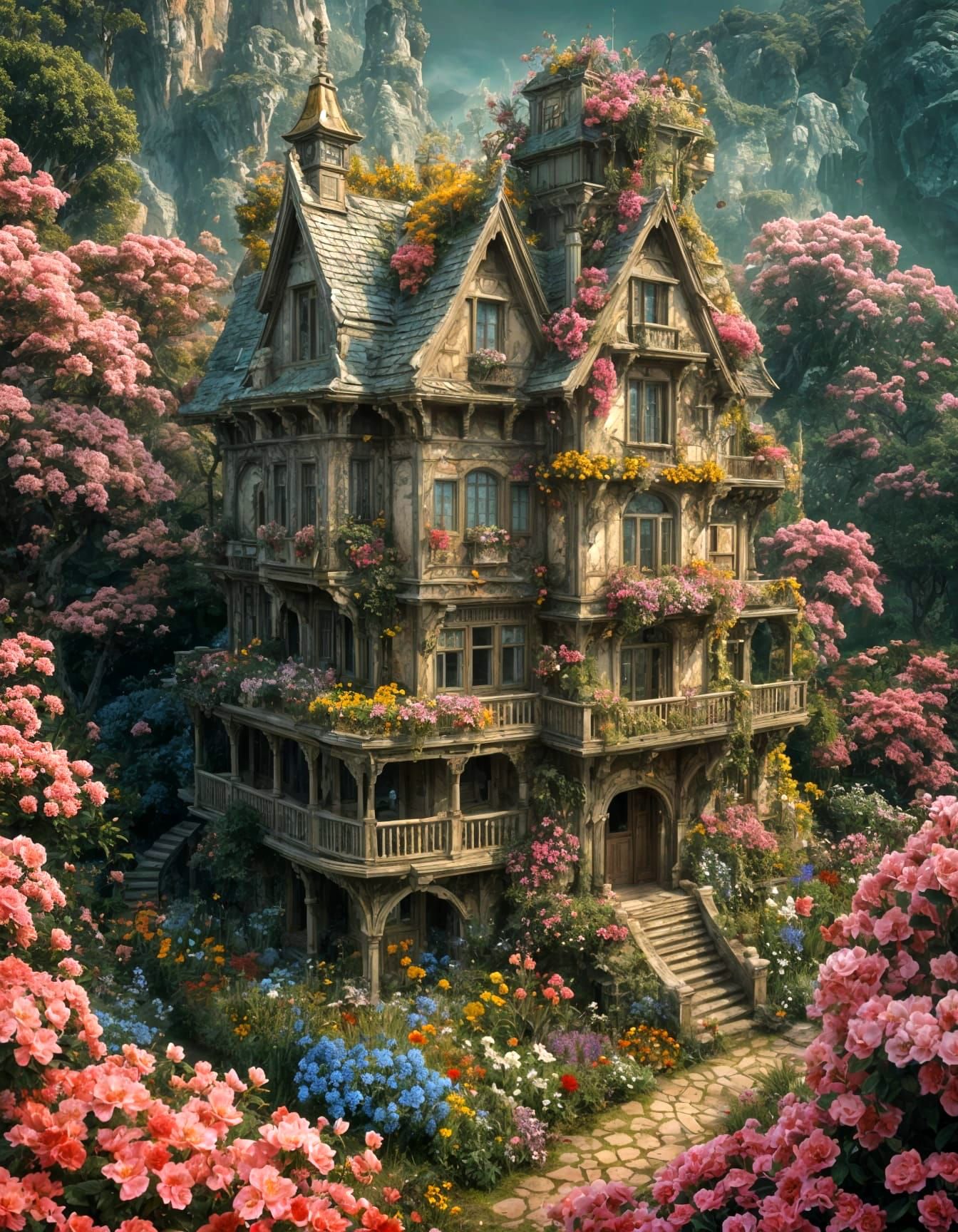 Intricate Flower House: A Fantasycore Art Piece