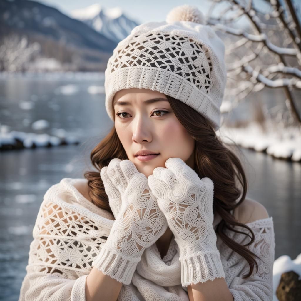 Japanese Lace Winter Accessories in Snowy Landscape