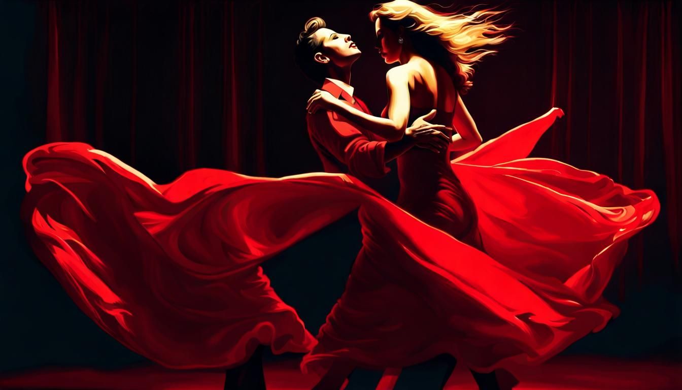 Dramatic Hyperrealistic Lady in Red Dancing in Spotlight