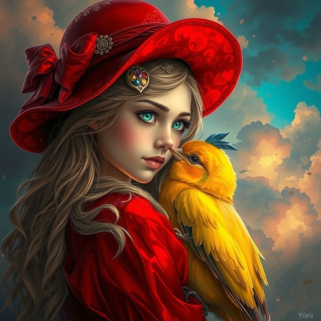 Dreamy Girl in Whimsical Wonderland with Yellow Canary
