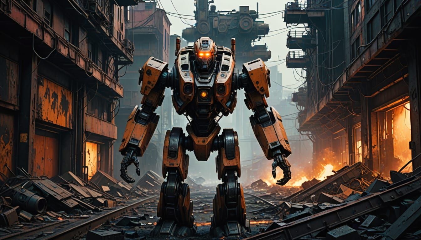 Futuristic Robot Dominates Post-Apocalyptic Cityscape in Cyb...