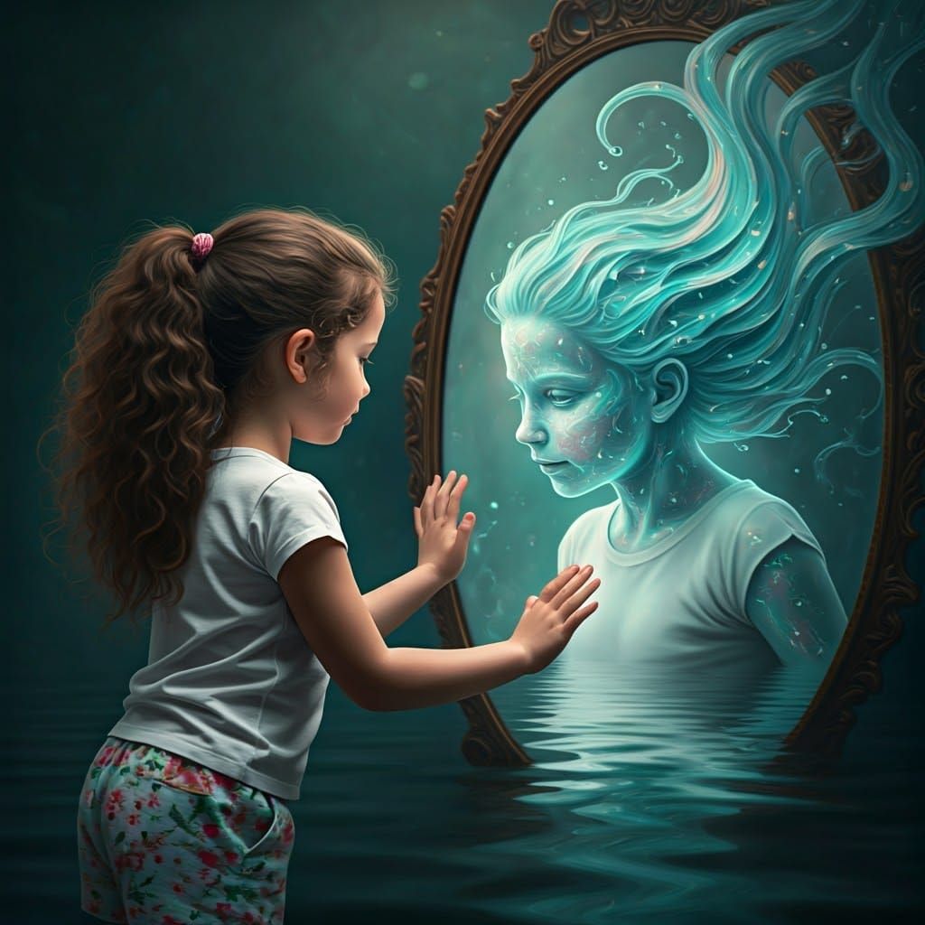Surreal Reflection: Child and Water Spirit Touch