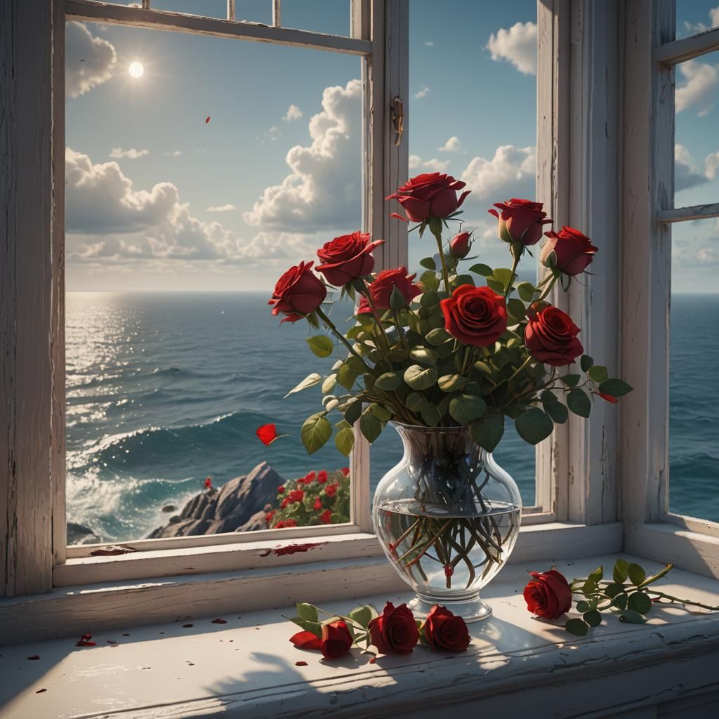 Red Roses Overlooking the Sea: Detailed Matte Painting