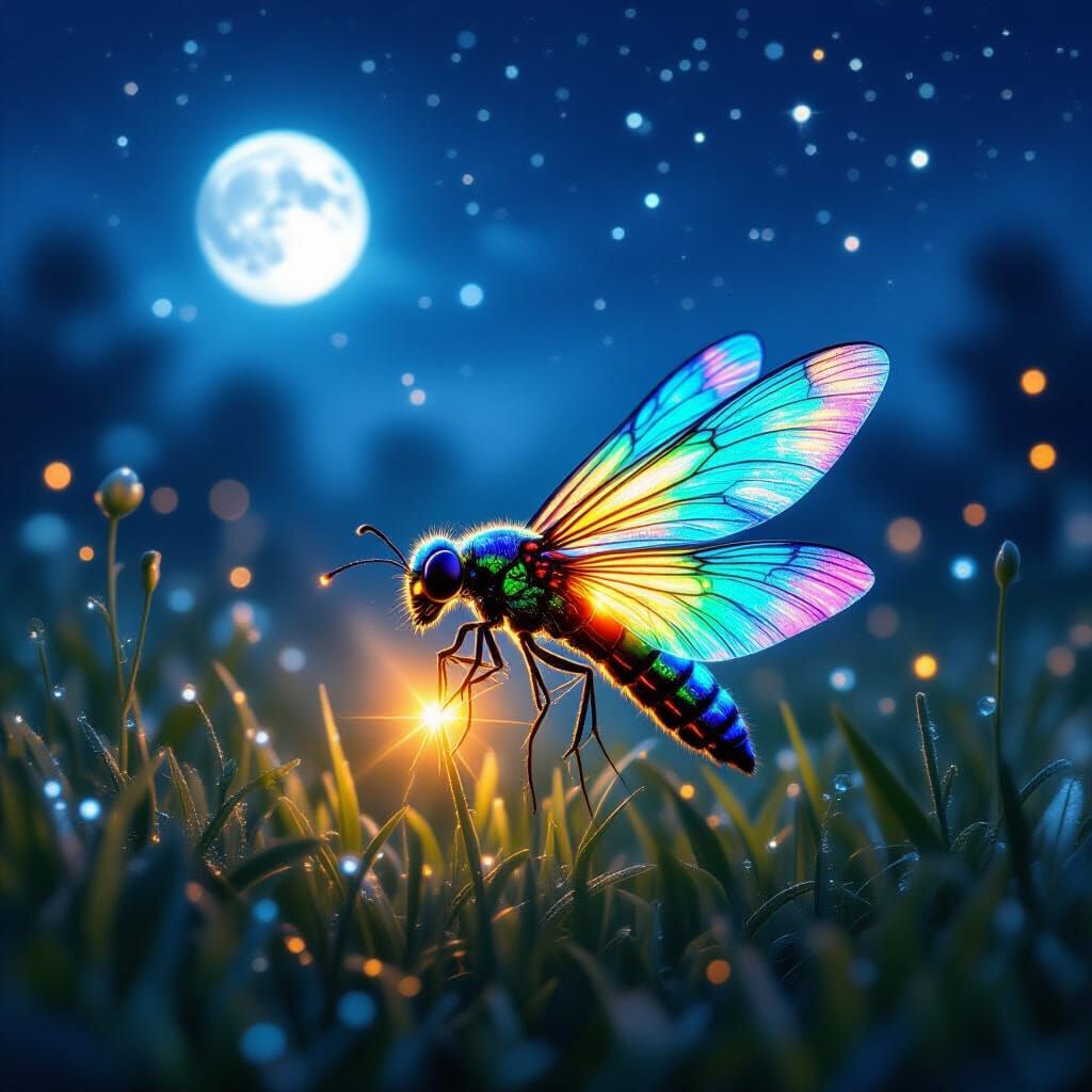 Multicoloured Firefly in Moonlit Meadow